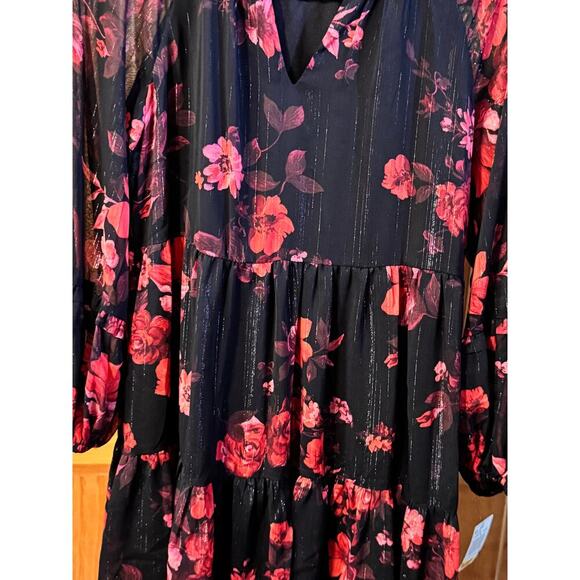 MSK Petite Black Red Floral Tiered Dress Long Sleeve Size PS Mini - Picture 5 of 7
